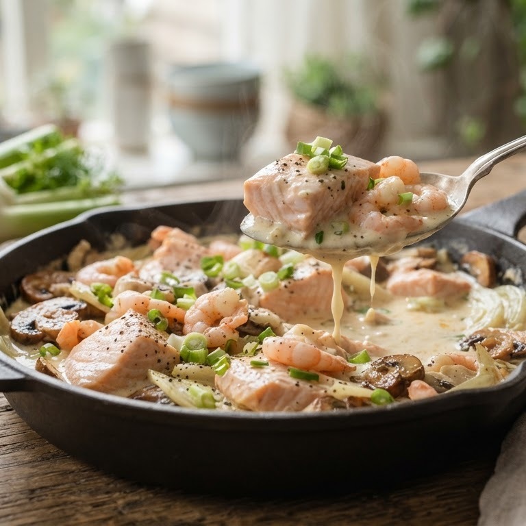 Zalm in roomsaus met champignons