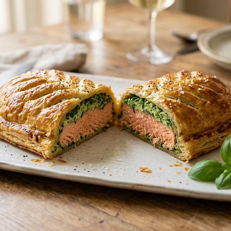 Zalm met groene kruiden in bladerdeeg