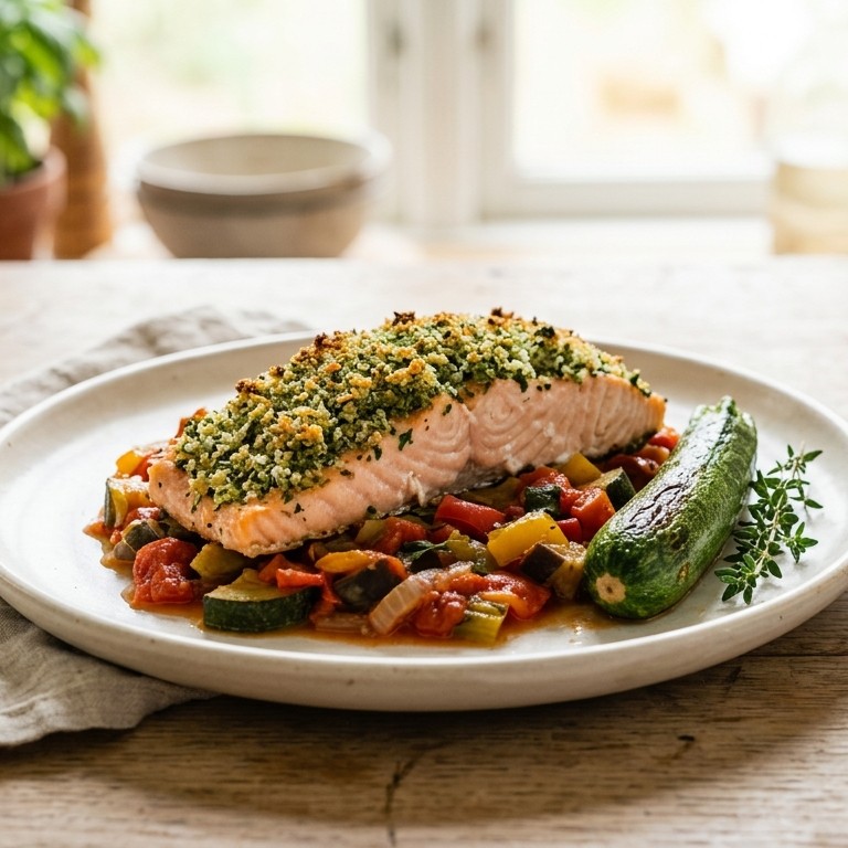Zalm met kruidenkorst en ratatouille