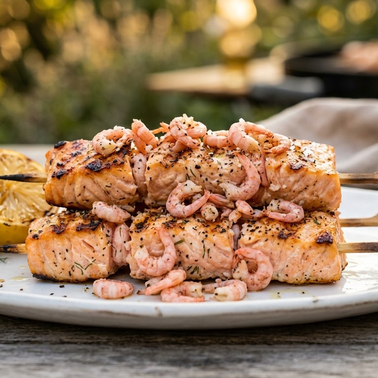 Zalm met Noorse garnalen aan een spies