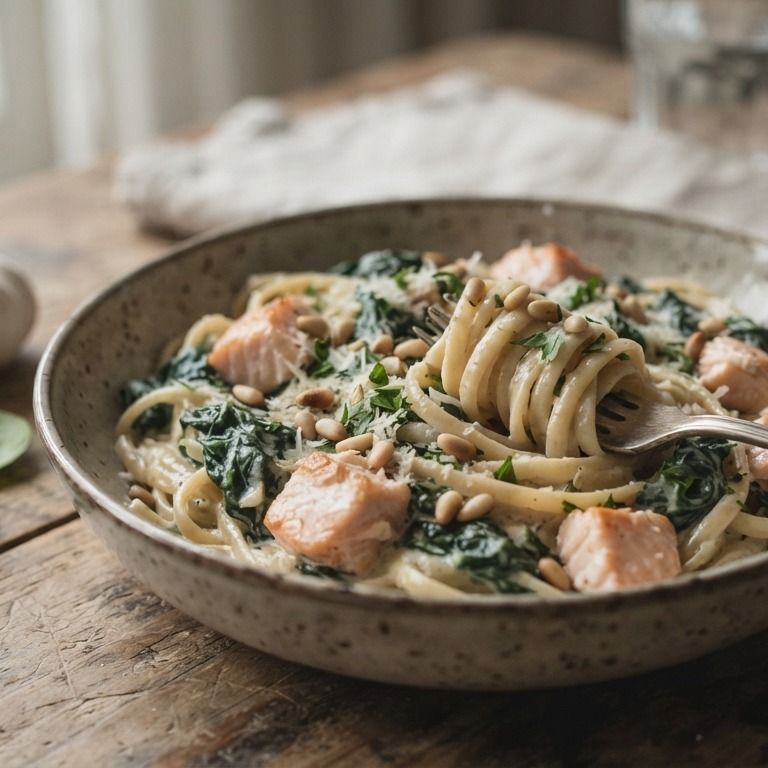 Zalm met pasta en knoflookspinazie