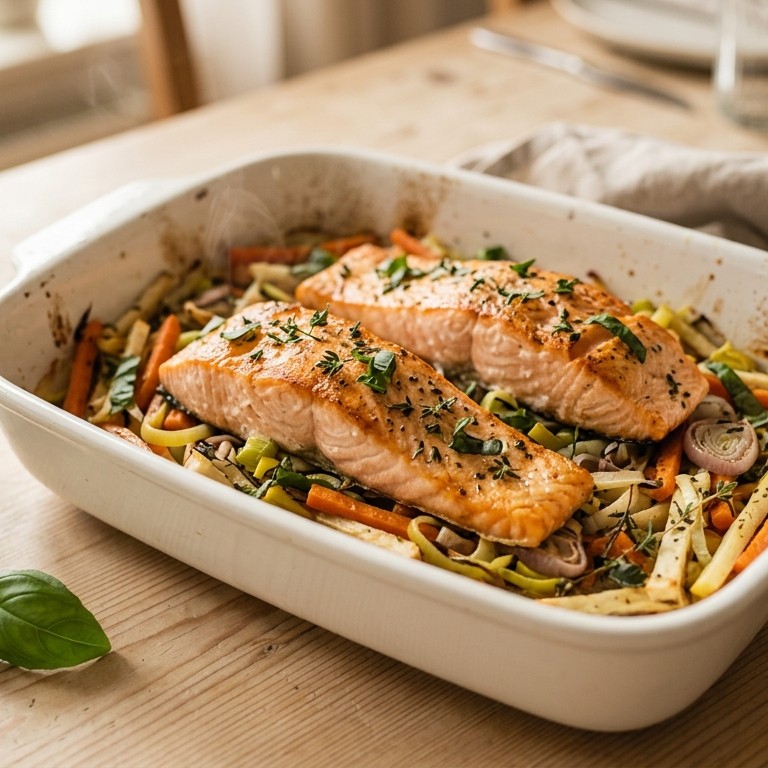 Zalm op groenten in de oven