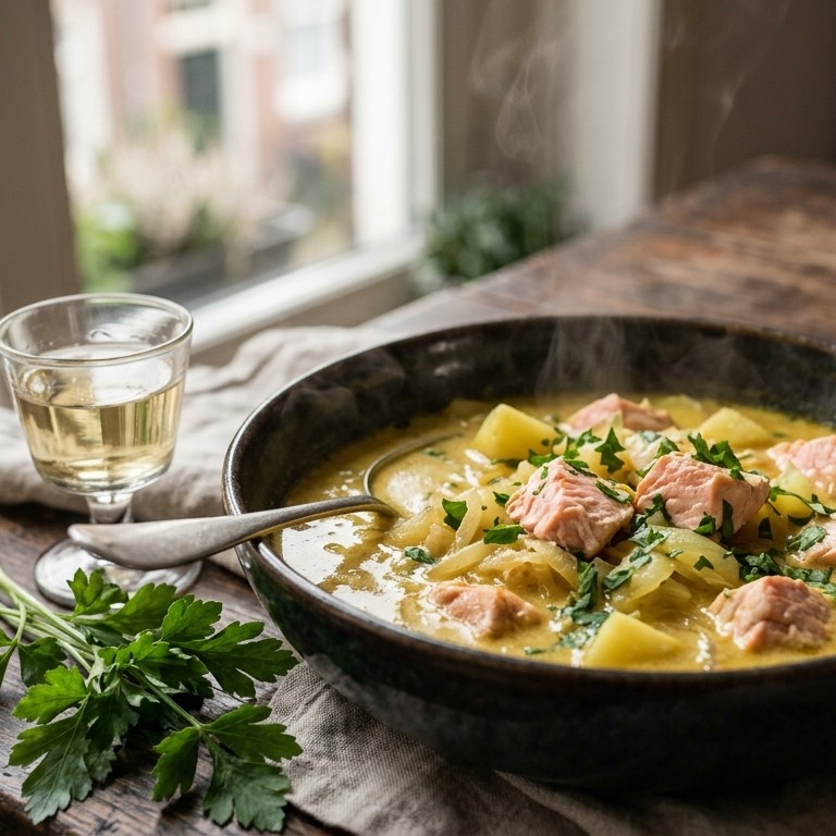Zalm-uiensoep met kerrie