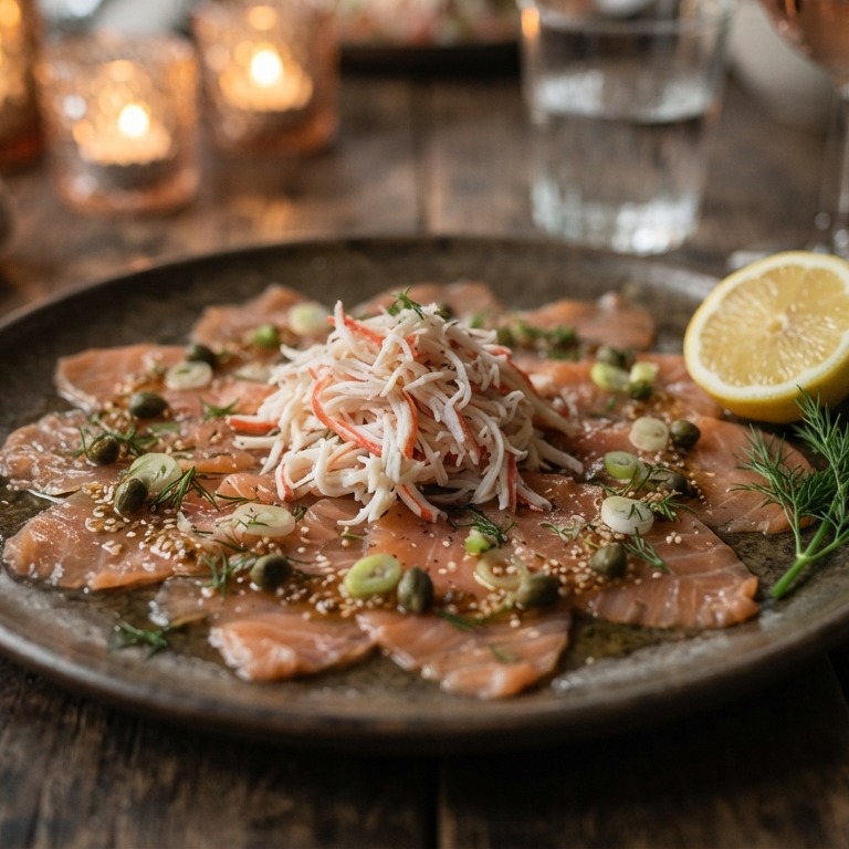 Zalmcarpaccio met krabsticks