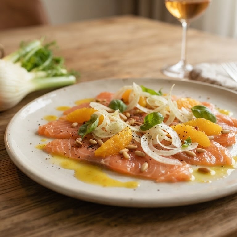 Zalmcarpaccio met venkel en sinaasappeldressing