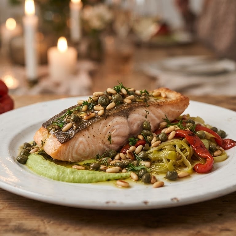 Zalmfilet met een dressing van kappertjes en pijnboompitten,prei,limoenpuree en rode paprika