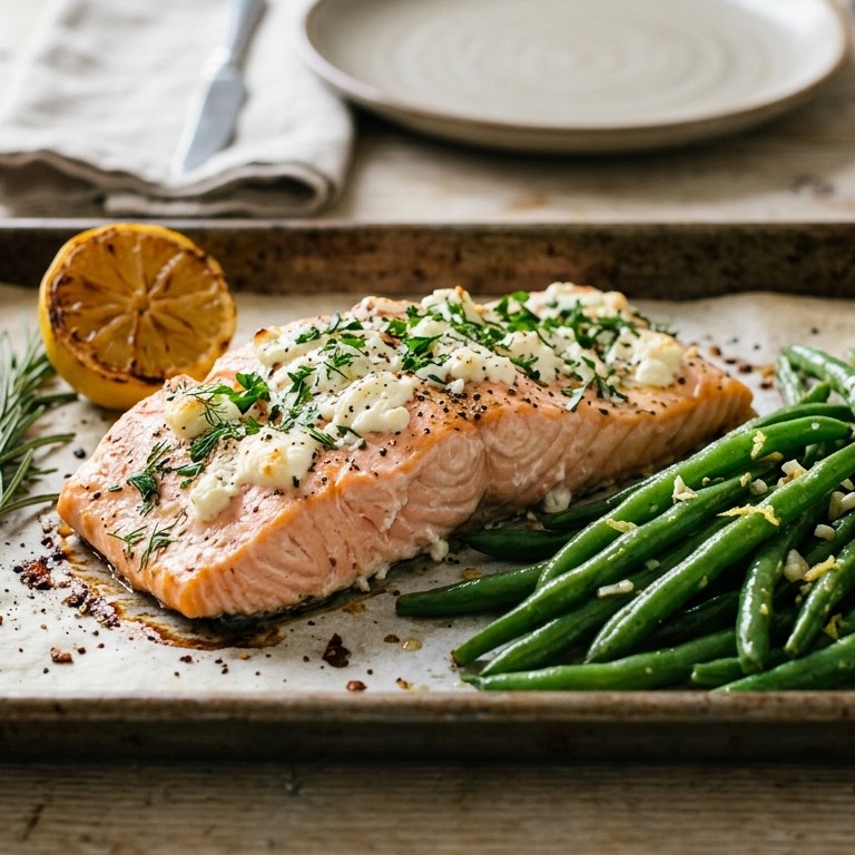 Zalmfilet met geitenkaas uit de oven en knoflook-sperziebonen