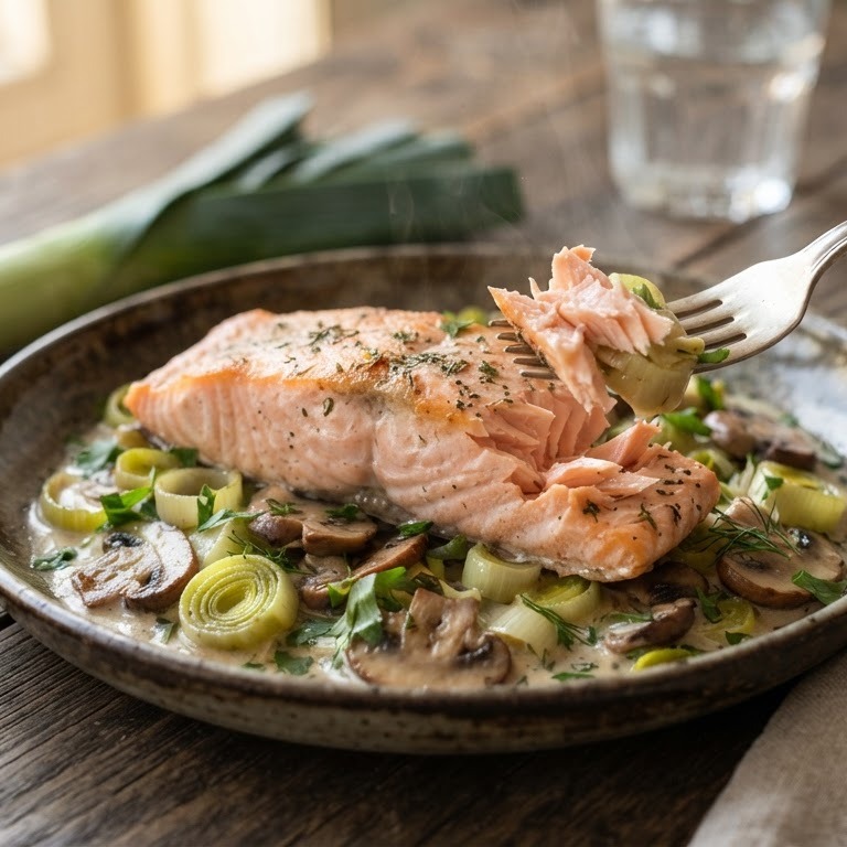 Zalmfilet met prei en champignons