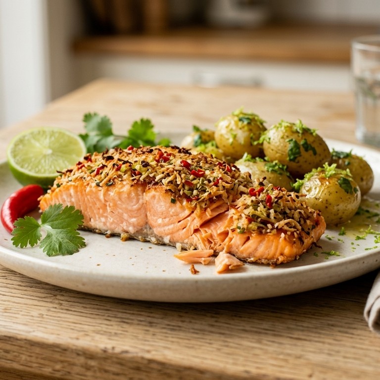 Zalmfilet met rode peper korst en limoenaardappelen