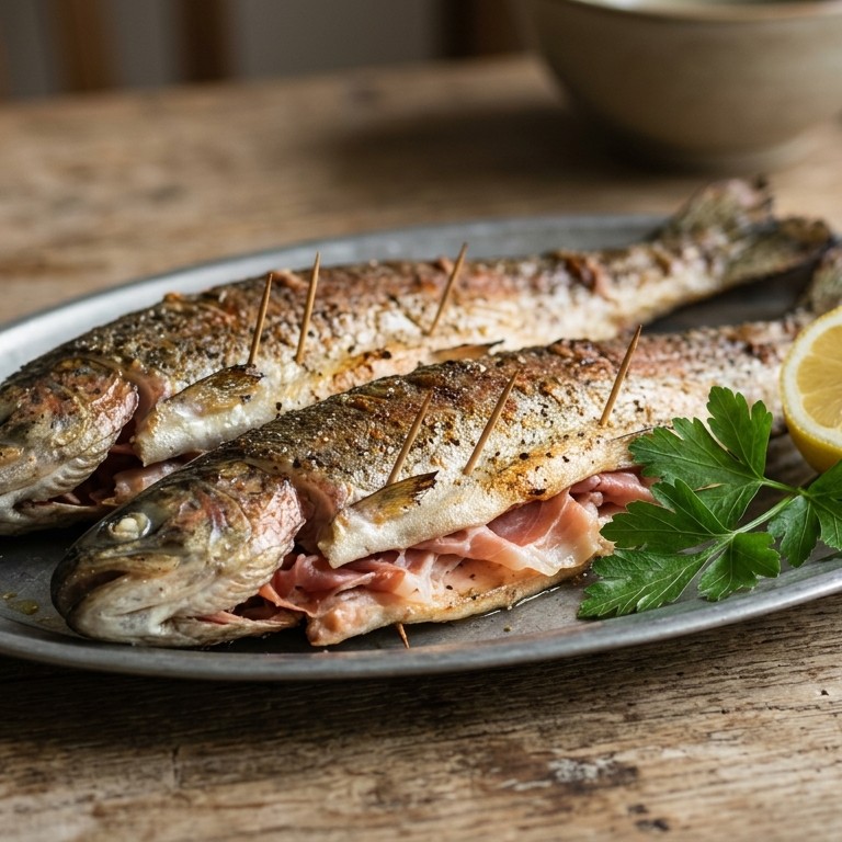 Zalmforel gevuld met serrano ham
