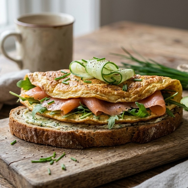 Zalmomelet op brood met grasboter