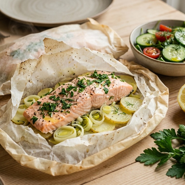 Zalmpakketjes met aardappel en prei