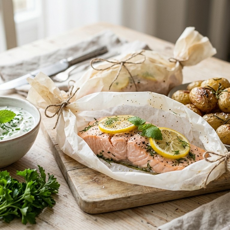 Zalmpakketjes met verse kruiden uit de oven