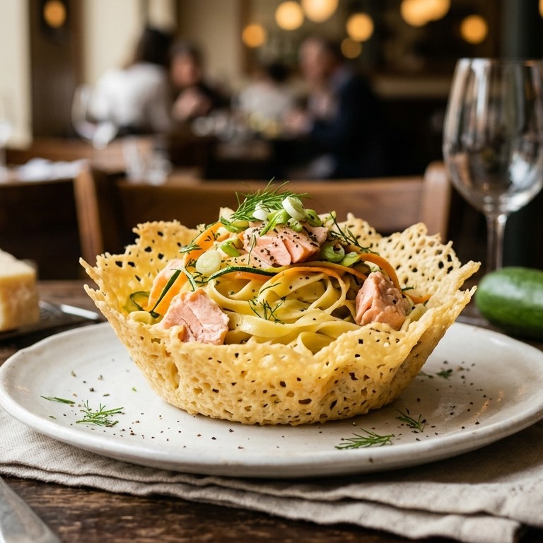 Zalmpasta in een parmezaanmandje