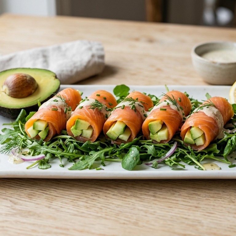 Zalmrolletjes met kruidensla en mieriksworteldressing