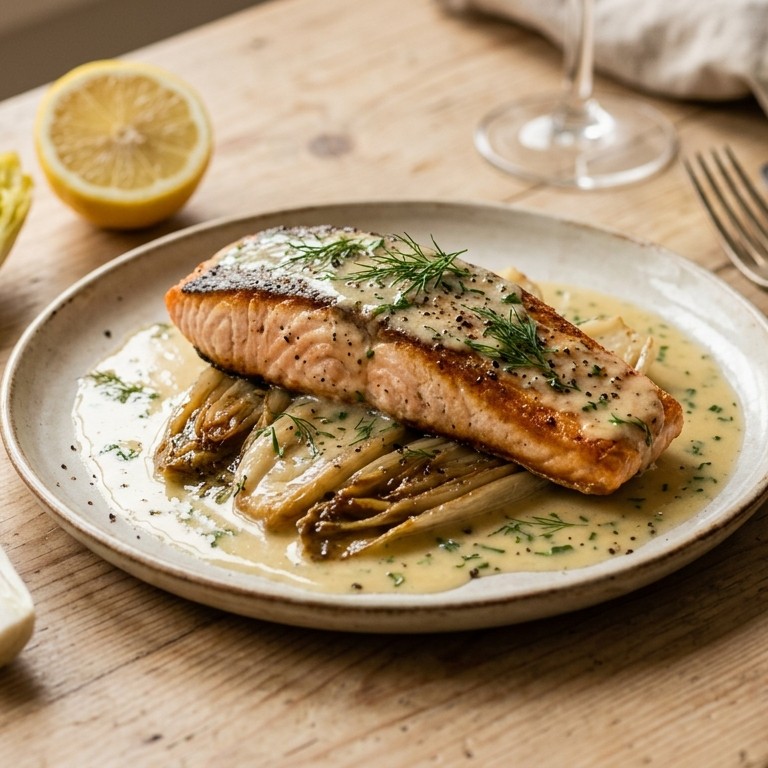 Zalmsteak met witte wijnsaus