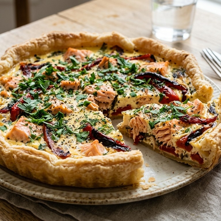 Zalmtaart met geroosterde paprika en verse peterselie