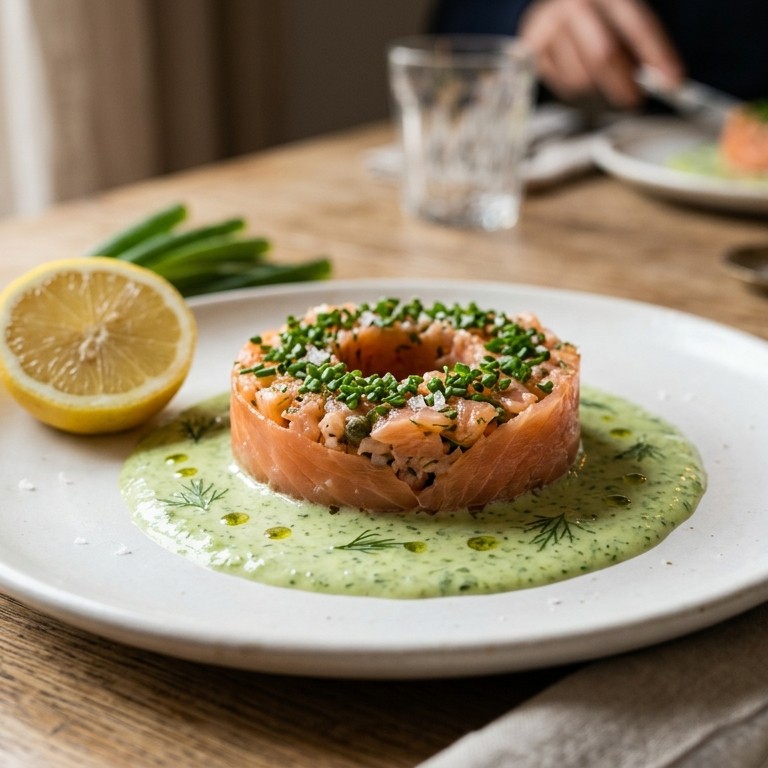 Zalmtartaar met komkommersaus
