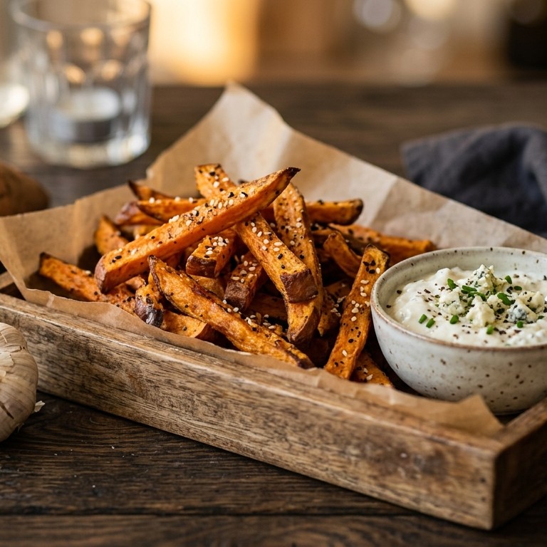 Zoete aardappelfrieten met blue-cheesedip