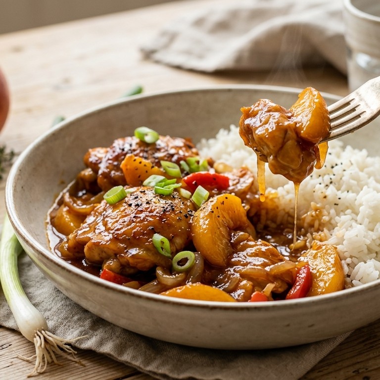 Zoete kipfilet met perzik en rijst