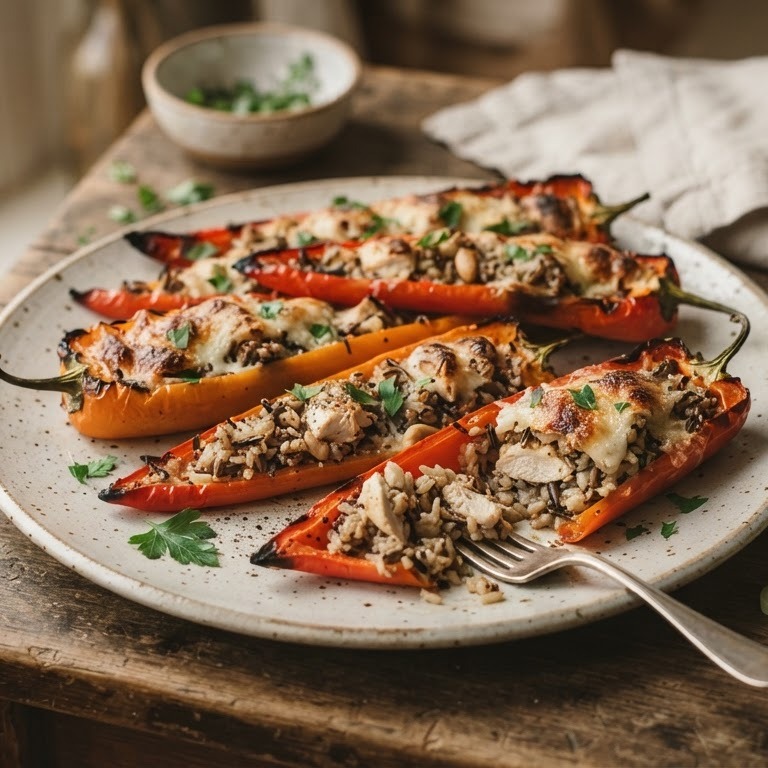 Zoete rode puntpaprika, gevuld met kip en notenrijst