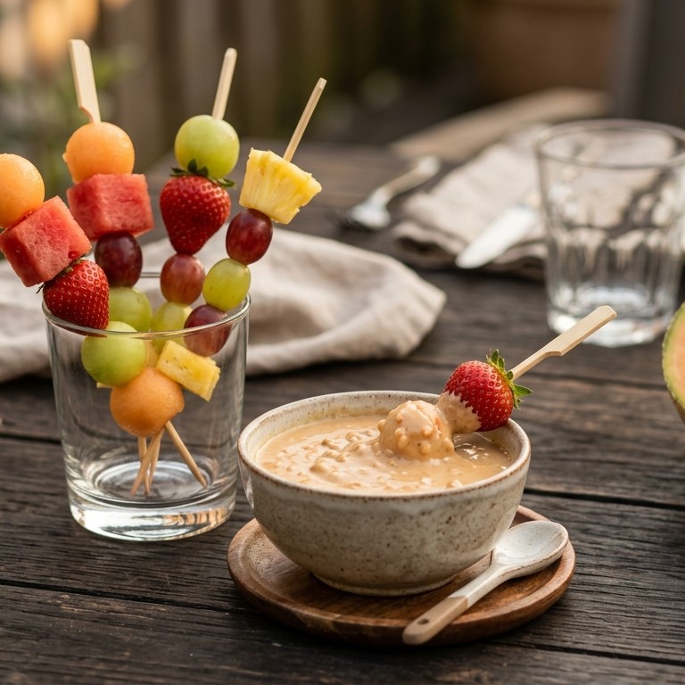 Zoete satédip met zomerfruit-prikkers