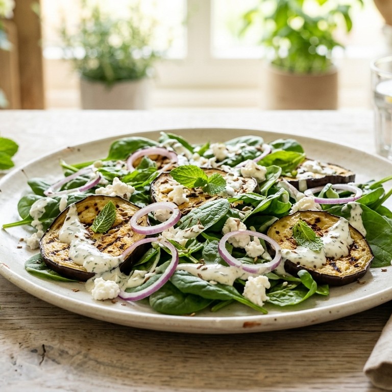 Zomersalade met spinazie en aubergine