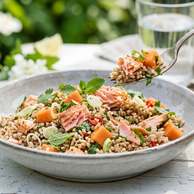 Zomerse rijstsalade met zalm en papaya