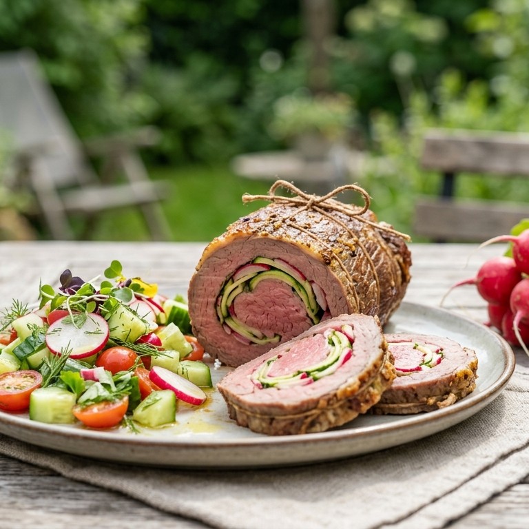 Zomerse runderrollade met courgette, radijs en tomaten