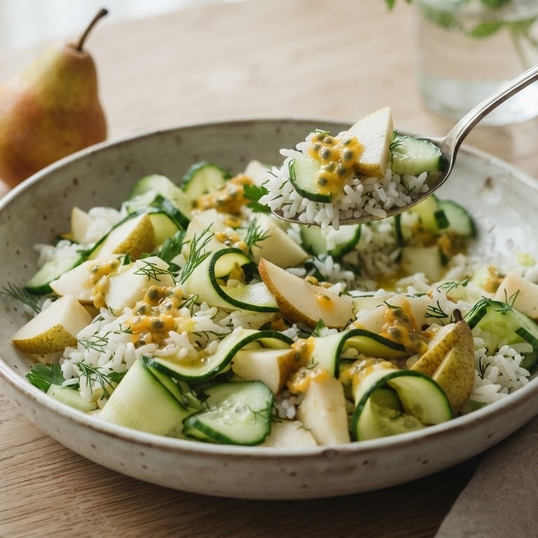 Zomerse salade met rijst, groenten en fruit