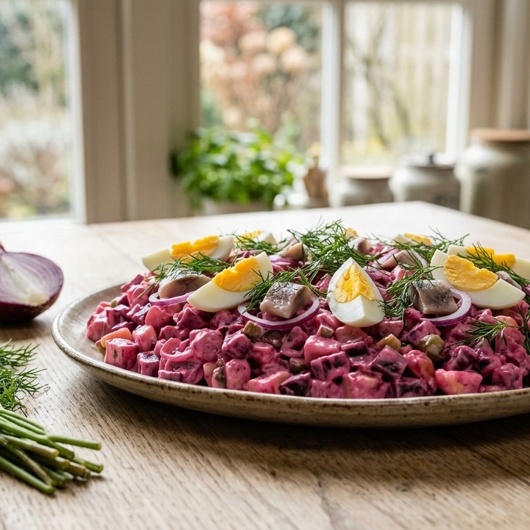 Zoute haringsalade met bietjes en zure room