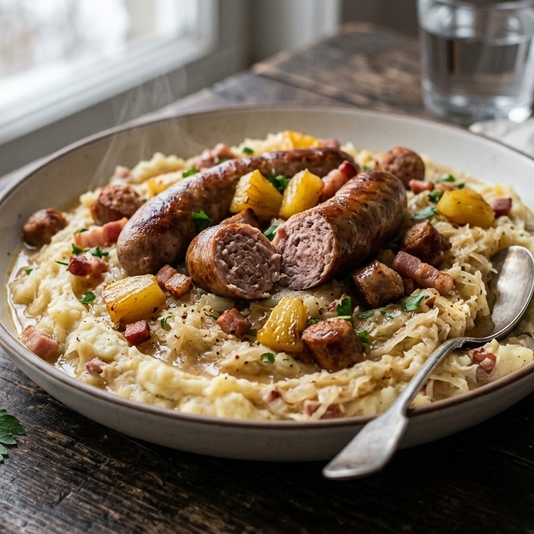 Zuurkool met saucijzen, spekjes en ananas