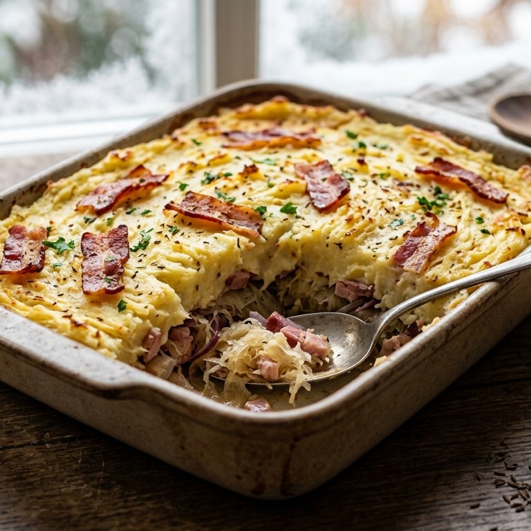 Zuurkool-ovenschotel met ham en spek