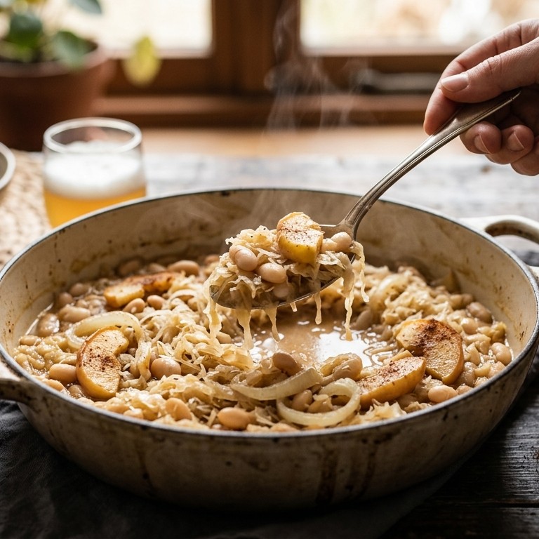 Zuurkoolschotel met witte bonen, appel en bier