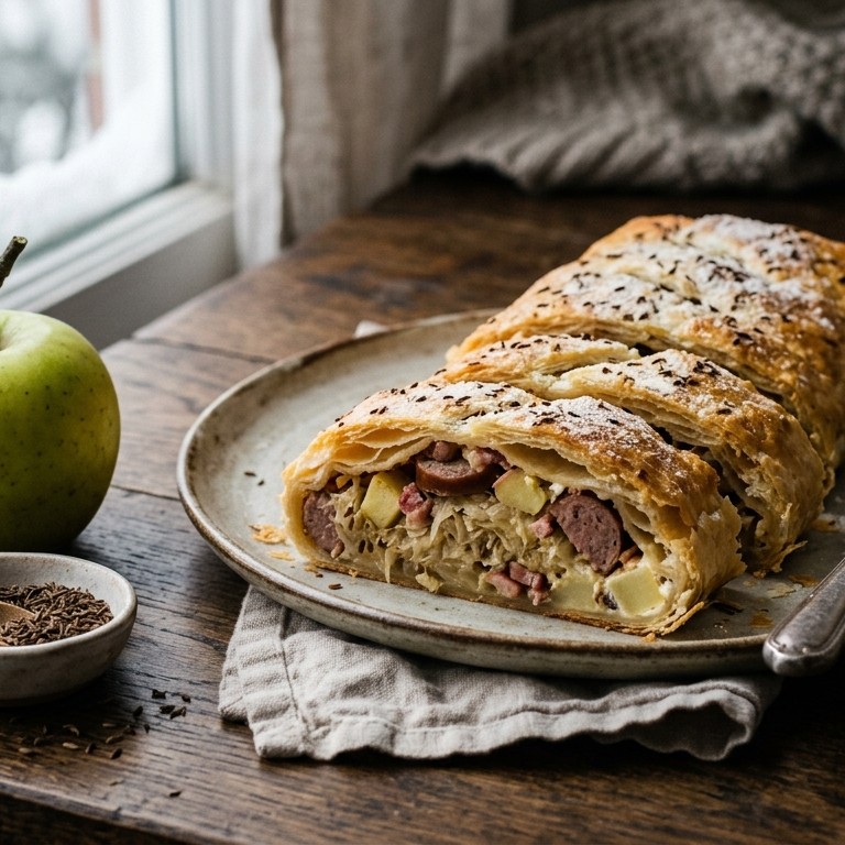 Zuurkoolstrudel met appel en runderworst